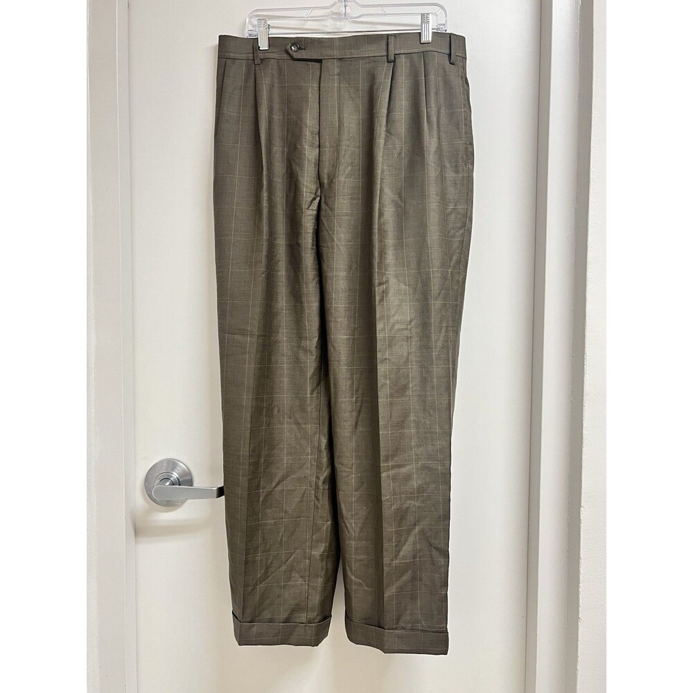 Vintage Jos A Bank 100% Wool 40R Plaid Dress Suit Pants Trouser Pleated Brown